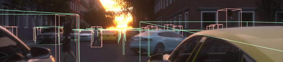 Cars marked in green and red boxes driving in a street