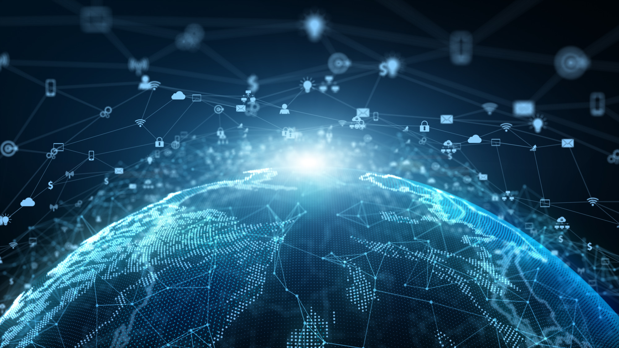 A globe against a dark background with glowing connected nodes.