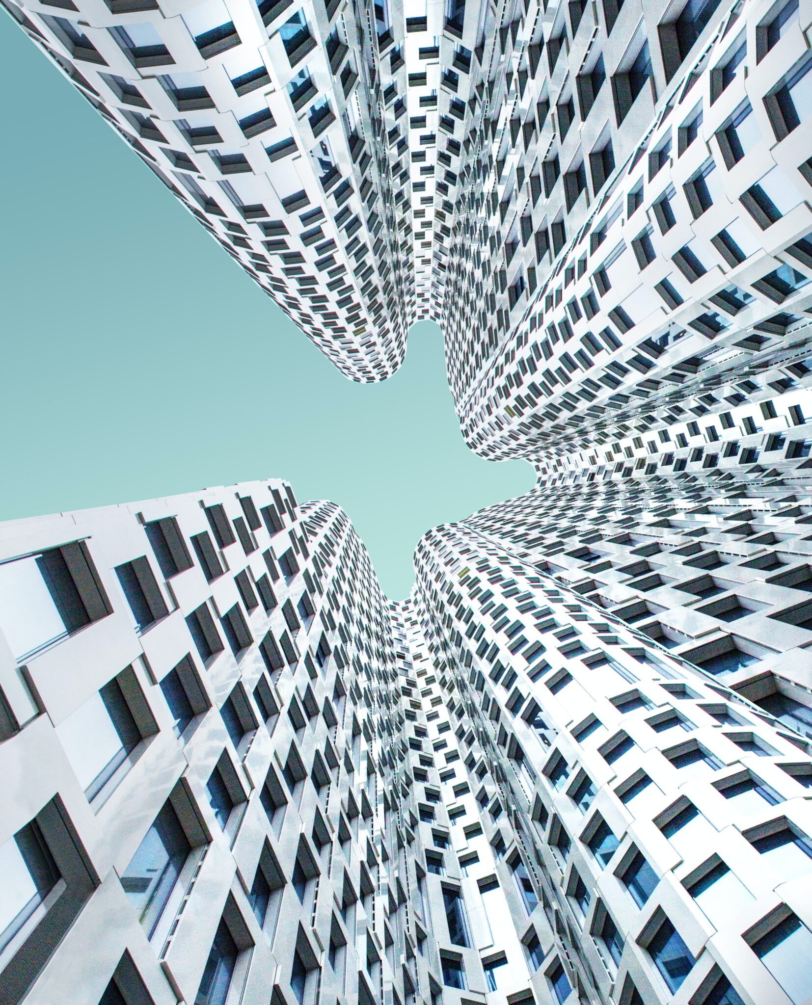 White buildings in a circle.