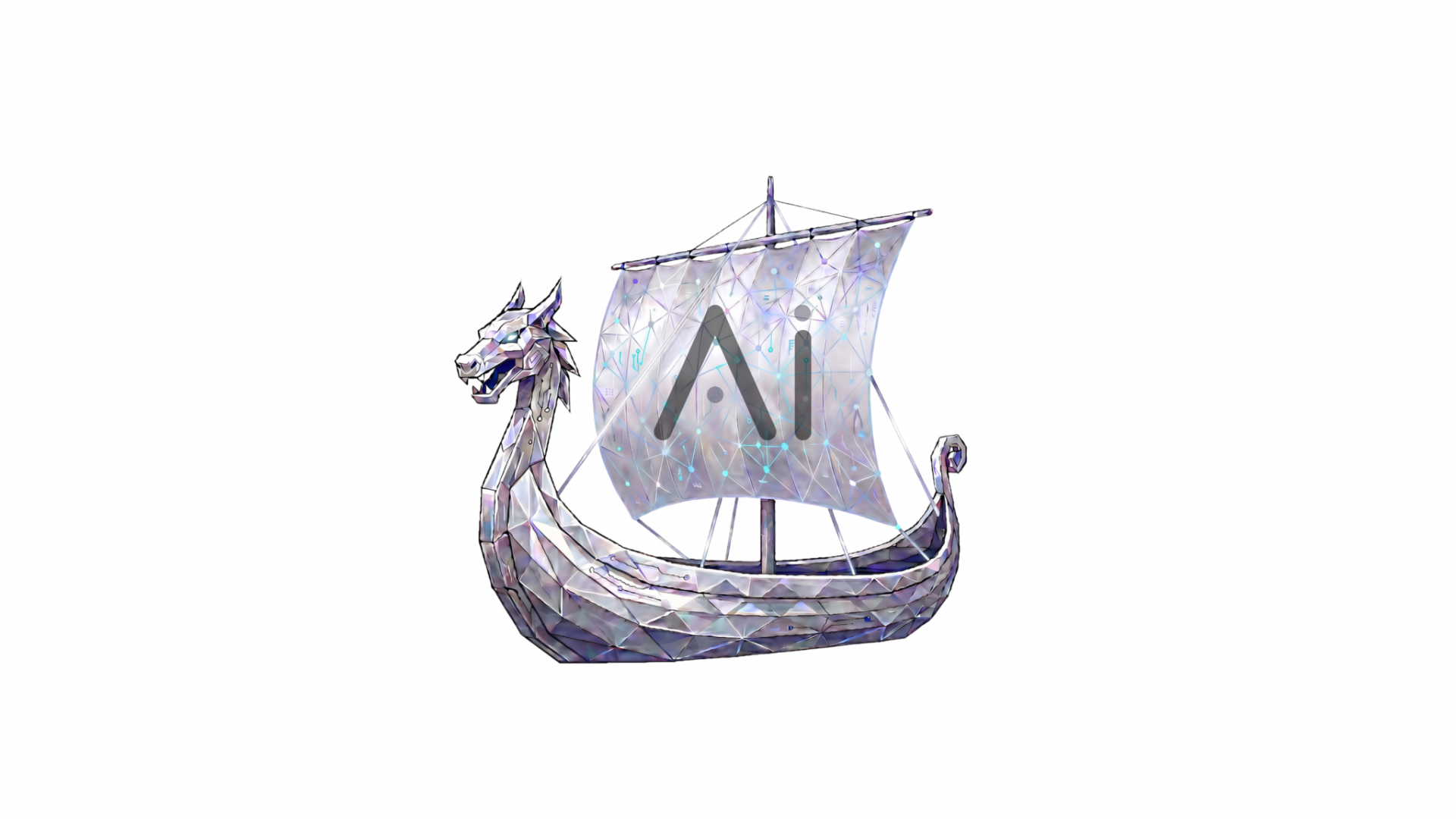 A grey ship with white sails with the word AI on it.