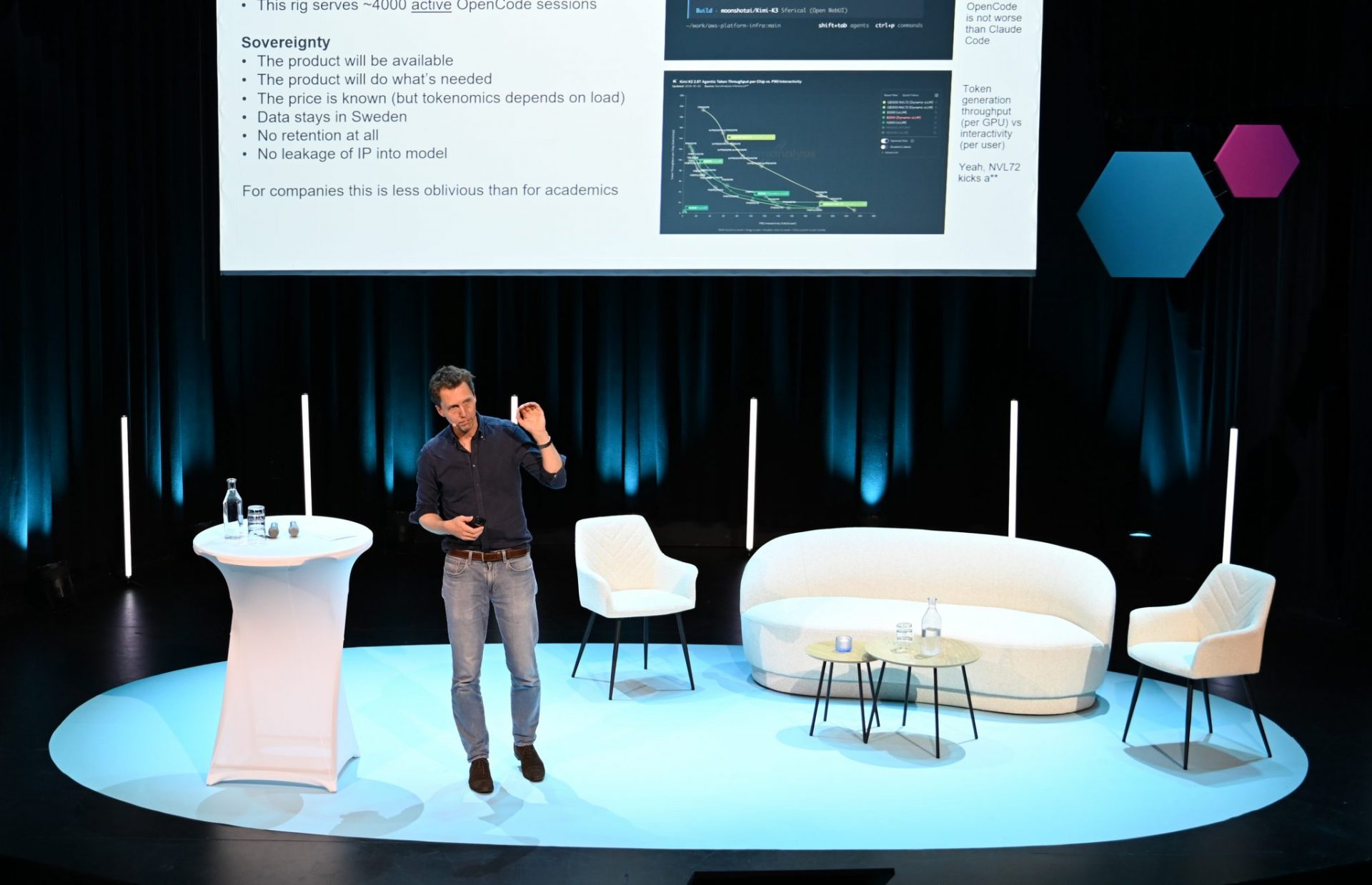 Man talking on stage pointing up