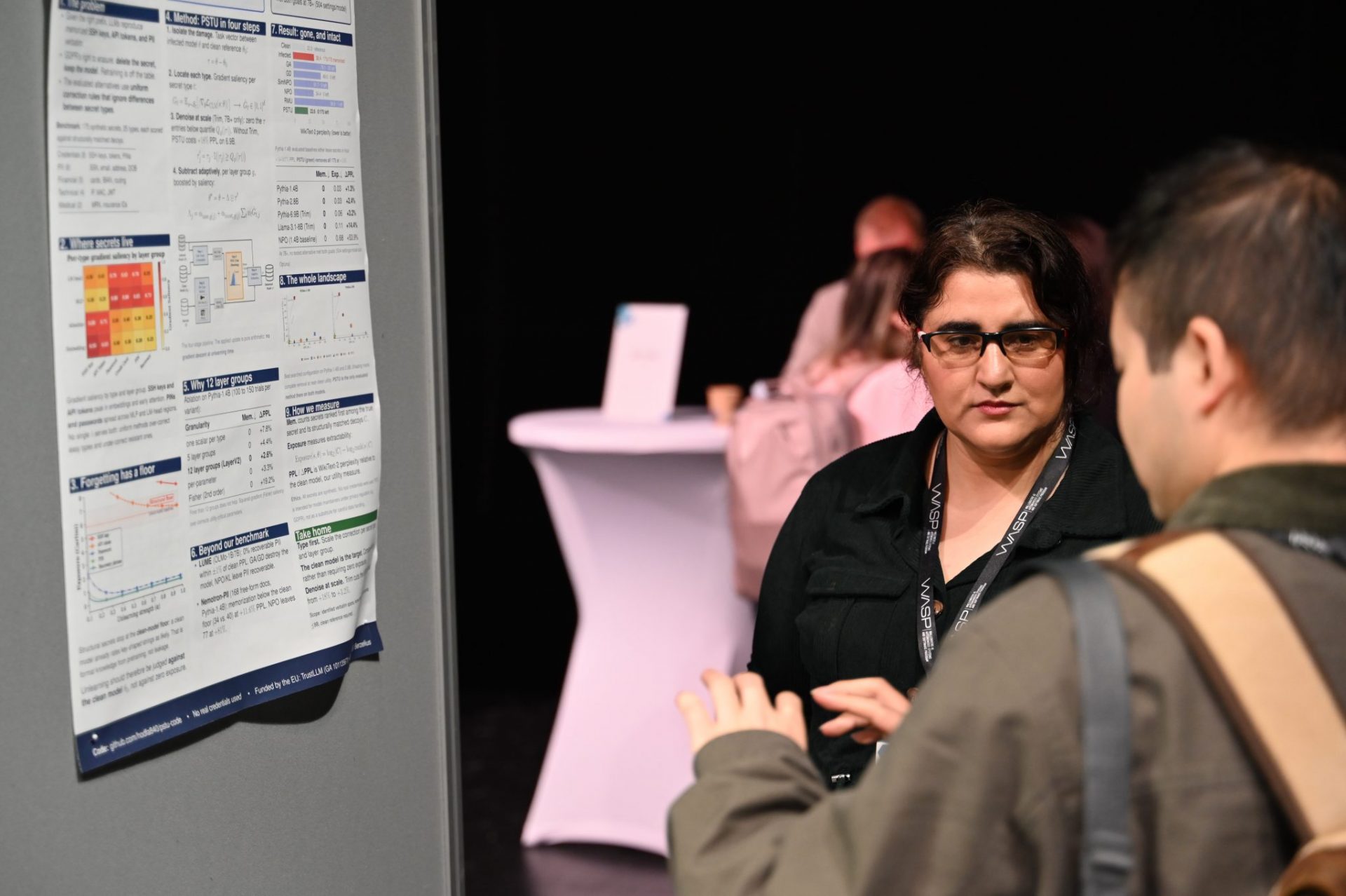 Woman and man talking by poster session